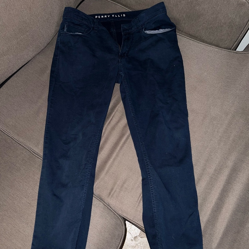 Perry Ellis Pants Mens 32x24 Slim Fit Navy Blue Chino Stretch Tapered